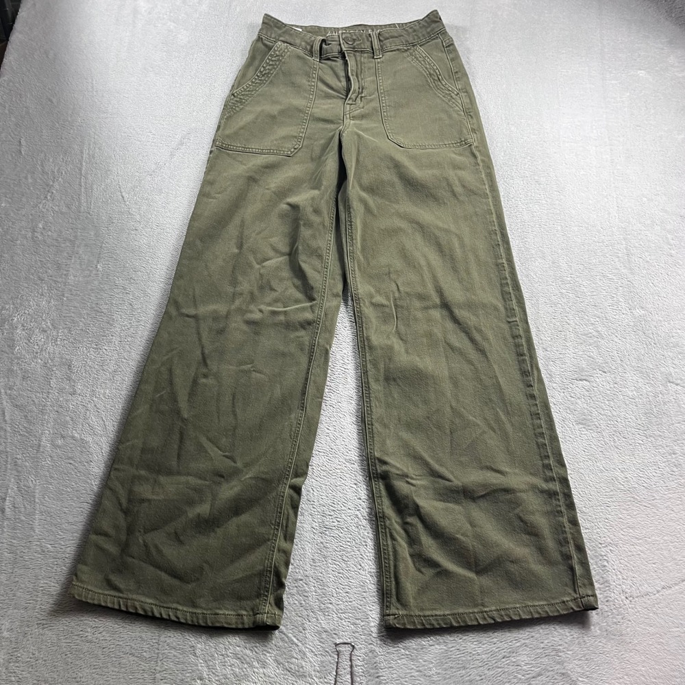 American Eagle Super High-Rise Baggy Wide Leg Pants Olive Green Women 2 Short